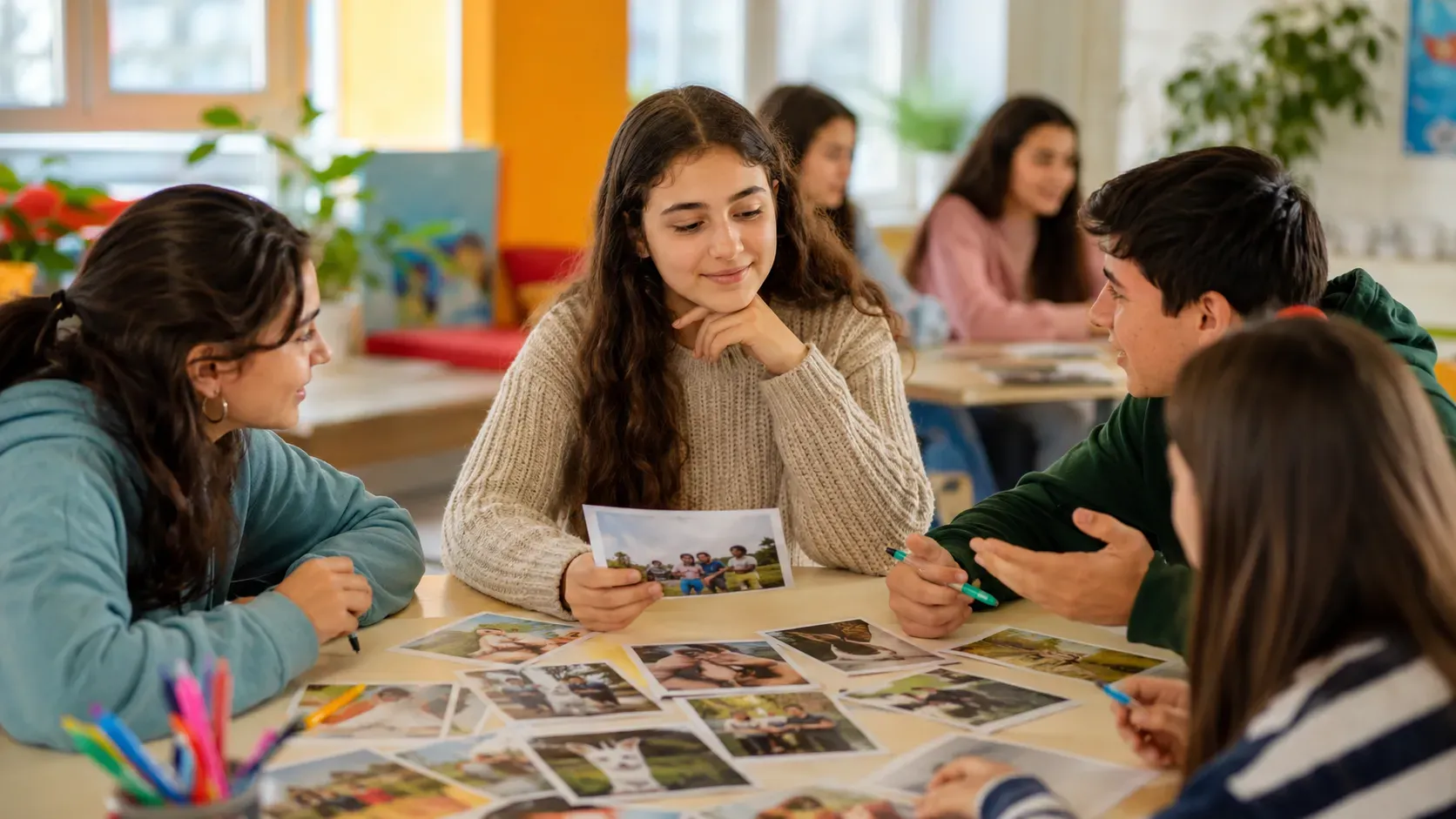 Sınıfta masaya yayılmış fotoğraflar üzerinden ilgi alanlarını keşfeden gençler