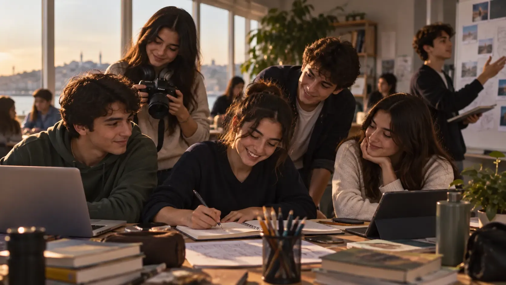 Yeniden çalışmaya koyulan arkadaşlarının etrafında toplanmış, birbirine destek olan gençler